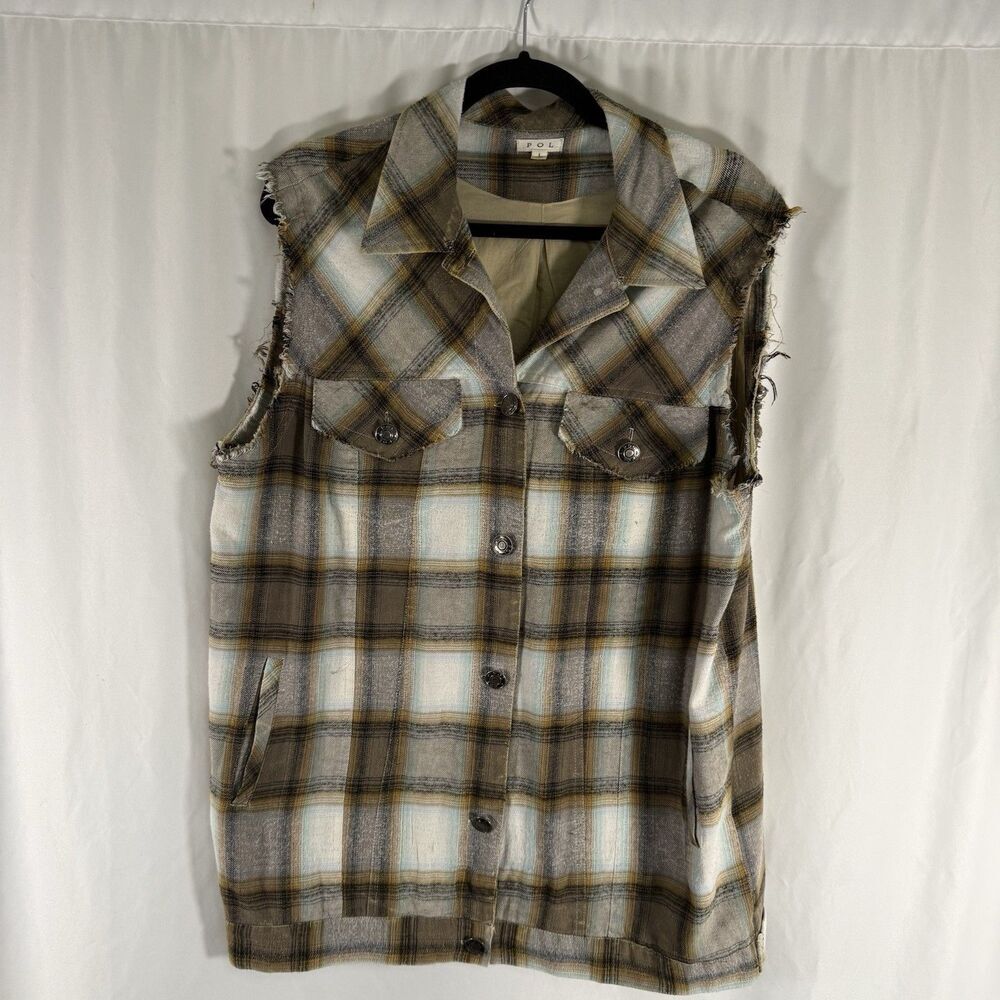 POL Vest Women's Large Brown Plaid Button Up Cut Off Sleeves Cotton